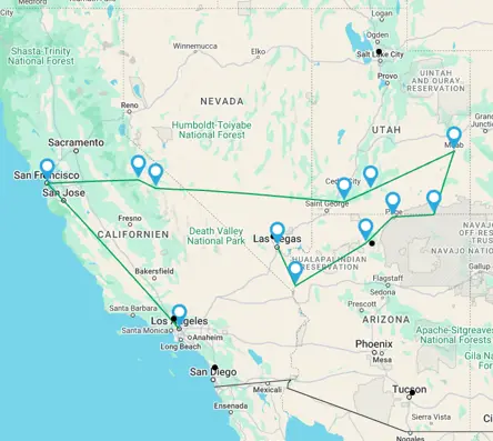 Rutekort det bedste af det vestlige USA i autocamper